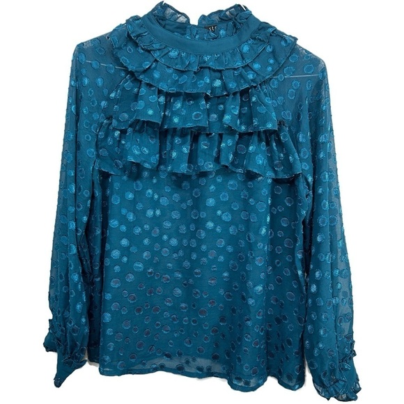 Dark ocean green jacquard-ruffle collar  Blouse Size L - Picture 2 of 10